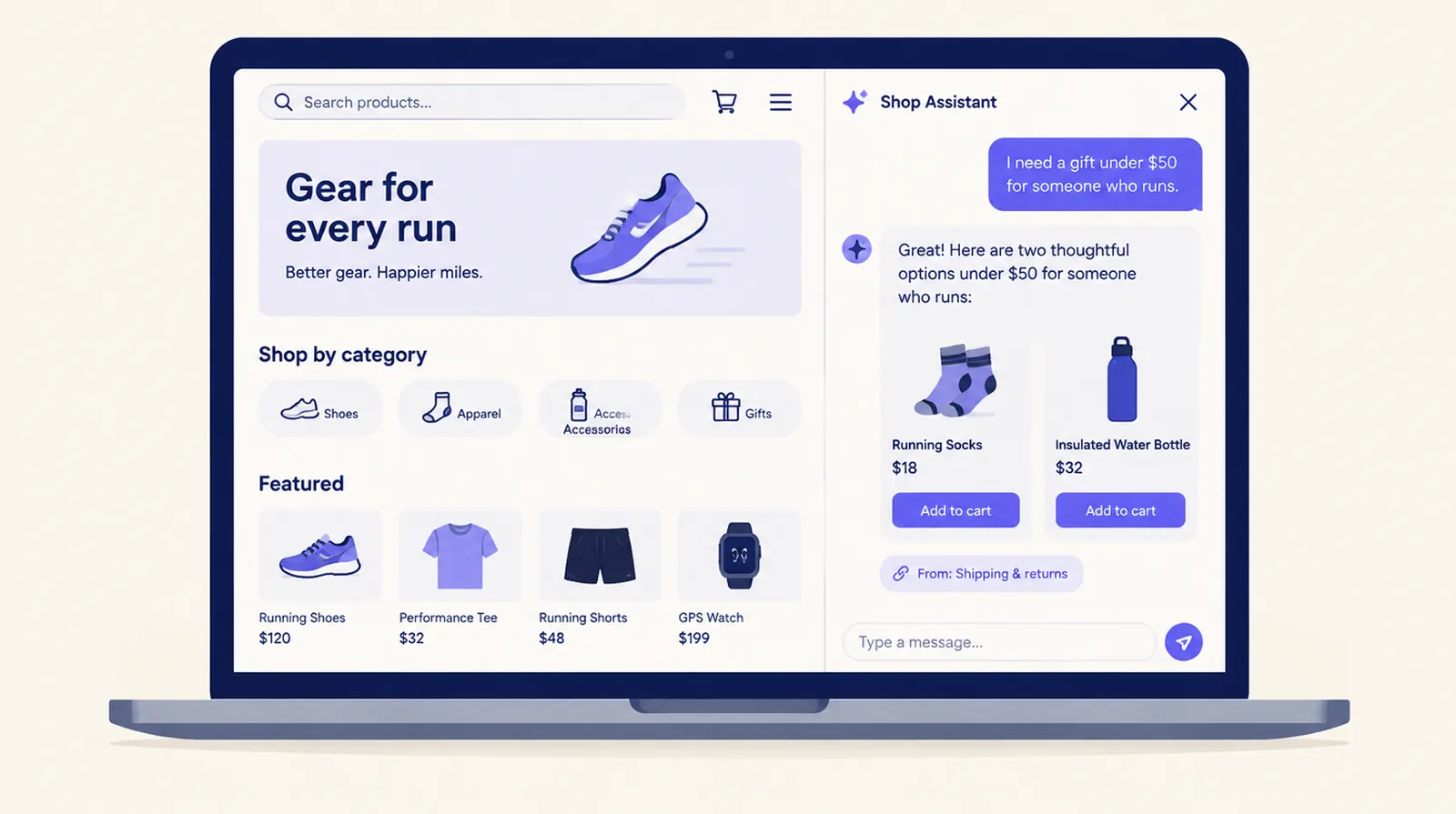 Chat window on a store answering a sizing question with product cards and an add to cart button
