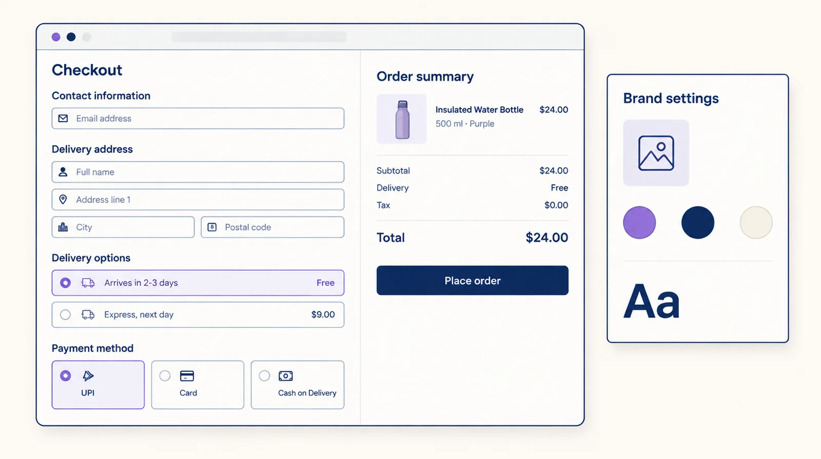 Checkout page with renamed delivery options and payment methods next to a brand settings panel