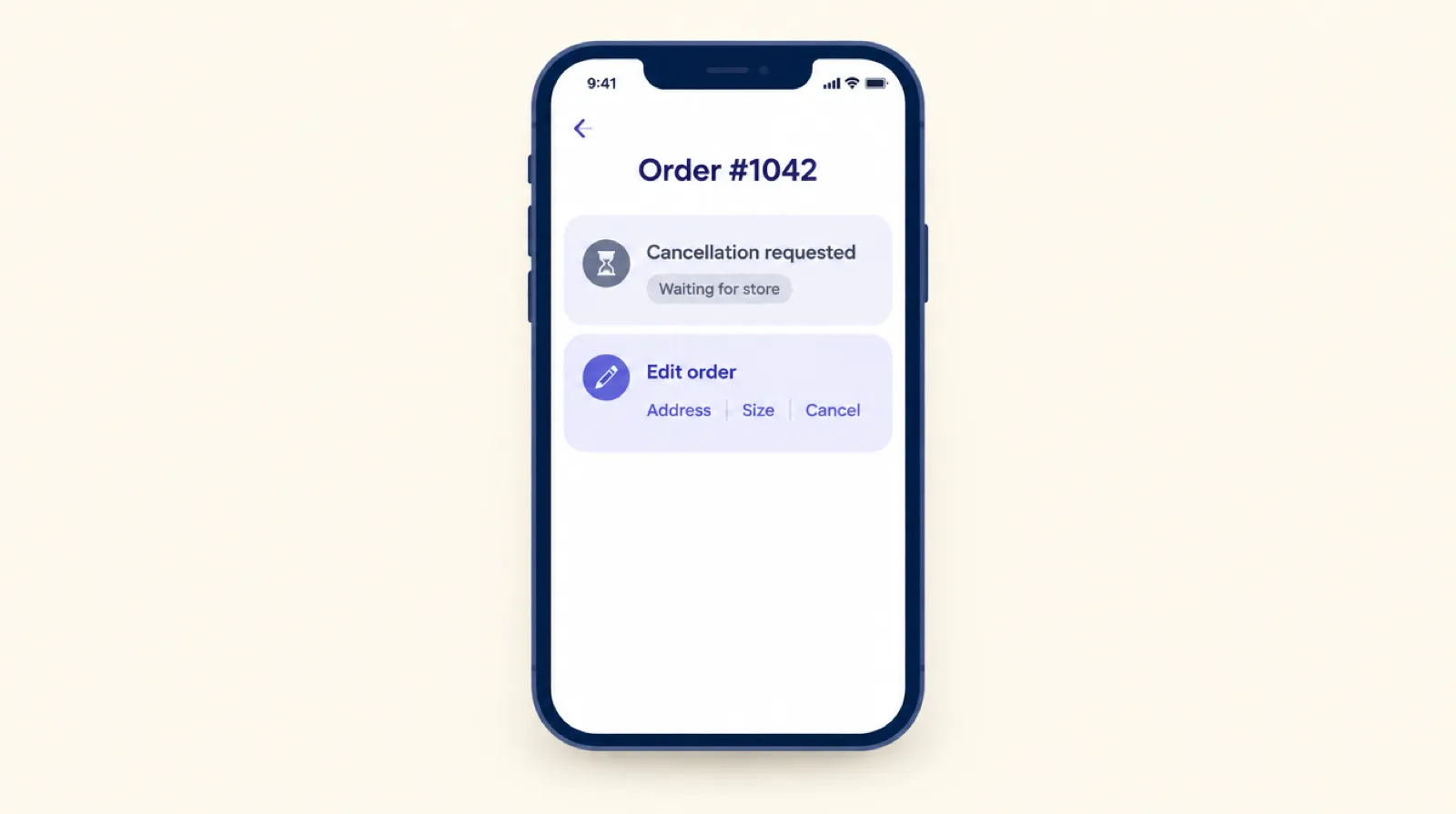 A phone showing a Shopify order page with a cancellation request waiting for the store above an Edit order panel