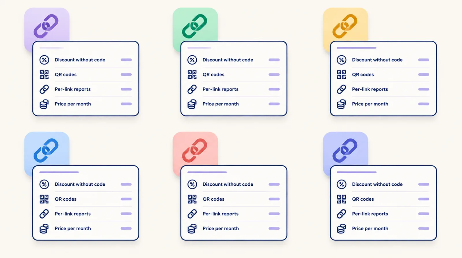 Comparison cards for cart link apps with price and feature rows