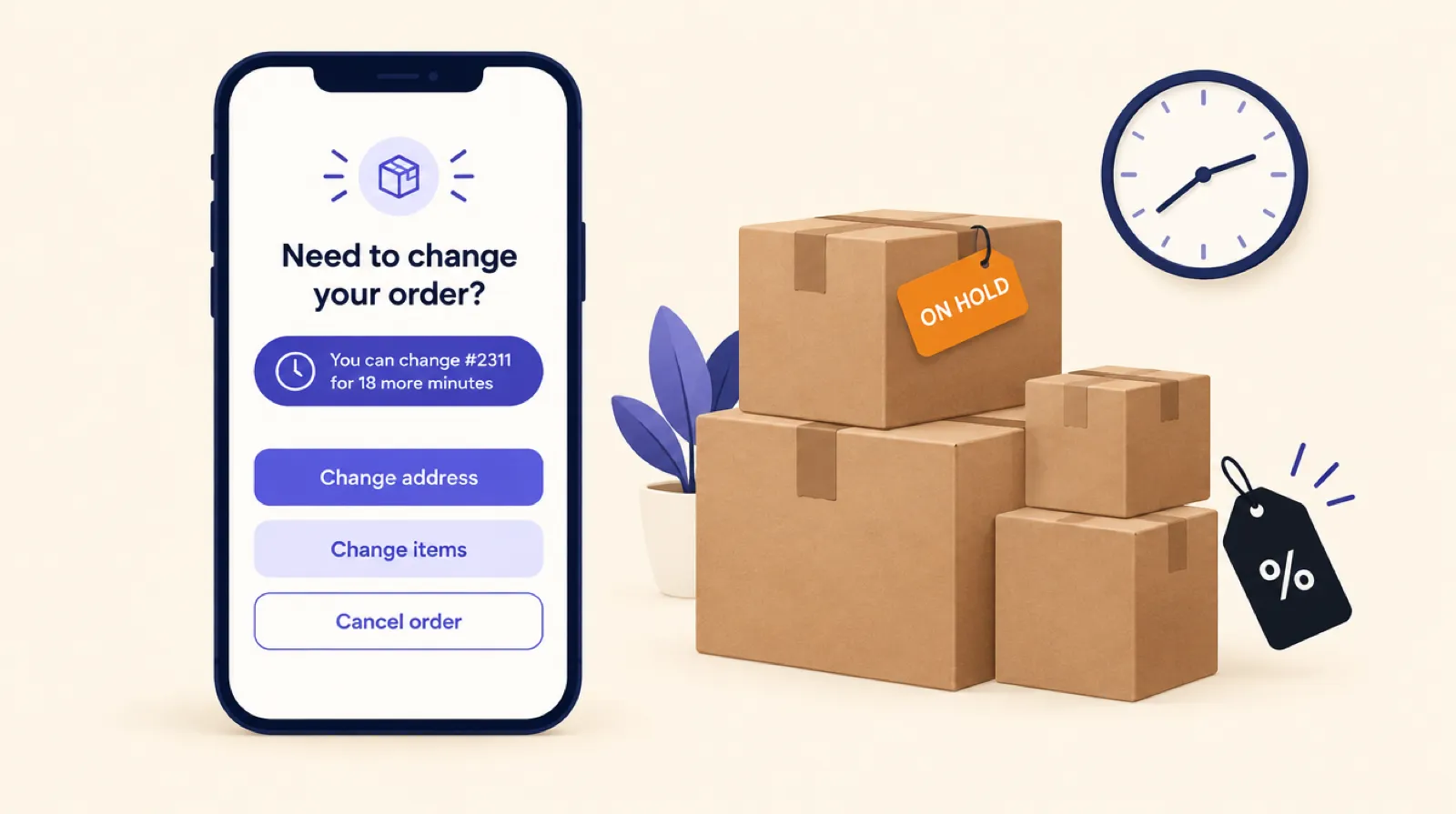 A phone with an order editing panel and a countdown next to a stack of parcels marked on hold